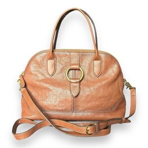 Frye Dome Shoulder Bag Cognac Leather Crossbody Tote Gold Ring Zip Closure